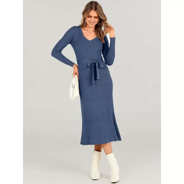 imageANRABESS Womens Sweater Dress 2023 Fall Long Sleeve V Neck Tie Waist Slim Fit Elegant Ribbed Knit Bodycon Midi DressDusty Blue