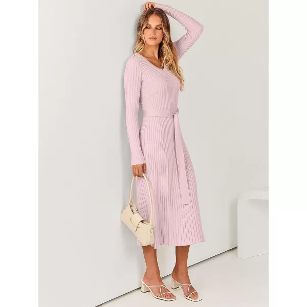 imageANRABESS Womens Sweater Dress 2023 Fall Long Sleeve V Neck Tie Waist Slim Fit Elegant Ribbed Knit Bodycon Midi DressPink