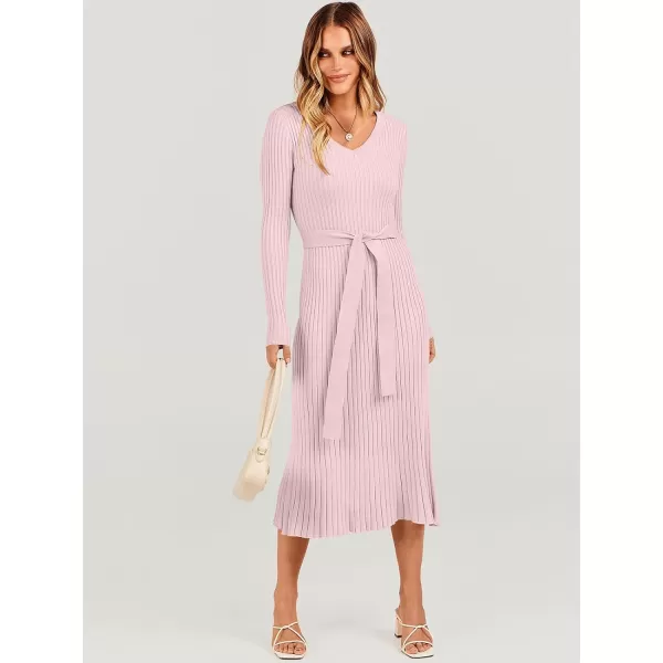 imageANRABESS Womens Sweater Dress 2023 Fall Long Sleeve V Neck Tie Waist Slim Fit Elegant Ribbed Knit Bodycon Midi DressPink