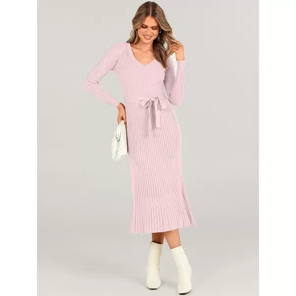 imageANRABESS Womens Sweater Dress 2023 Fall Long Sleeve V Neck Tie Waist Slim Fit Elegant Ribbed Knit Bodycon Midi DressPink