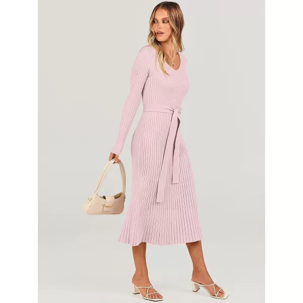 imageANRABESS Womens Sweater Dress 2023 Fall Long Sleeve V Neck Tie Waist Slim Fit Elegant Ribbed Knit Bodycon Midi DressPink