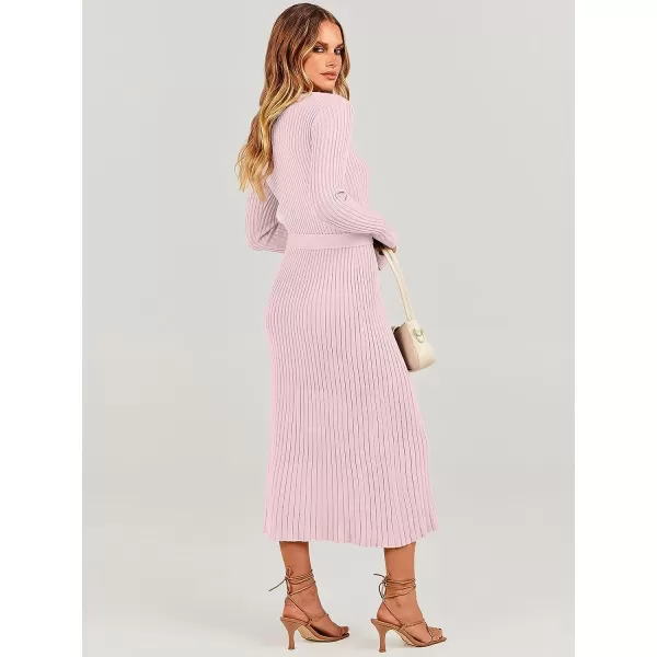 imageANRABESS Womens Sweater Dress 2023 Fall Long Sleeve V Neck Tie Waist Slim Fit Elegant Ribbed Knit Bodycon Midi DressPink
