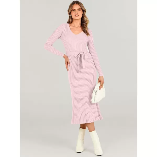 imageANRABESS Womens Sweater Dress 2023 Fall Long Sleeve V Neck Tie Waist Slim Fit Elegant Ribbed Knit Bodycon Midi DressPink