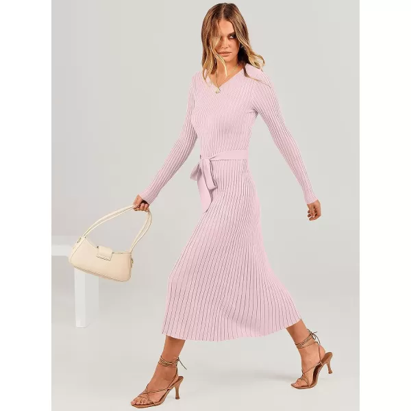imageANRABESS Womens Sweater Dress 2023 Fall Long Sleeve V Neck Tie Waist Slim Fit Elegant Ribbed Knit Bodycon Midi DressPink