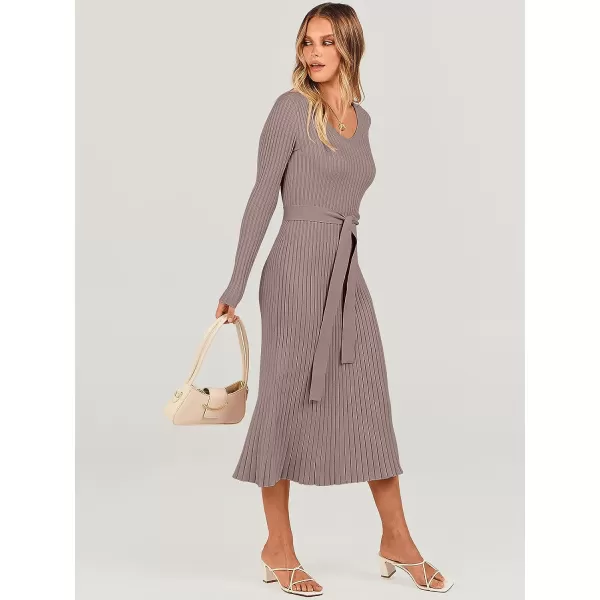 imageANRABESS Womens Sweater Dress 2023 Fall Long Sleeve V Neck Tie Waist Slim Fit Elegant Ribbed Knit Bodycon Midi DressPink Almond