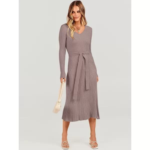 imageANRABESS Womens Sweater Dress 2023 Fall Long Sleeve V Neck Tie Waist Slim Fit Elegant Ribbed Knit Bodycon Midi DressPink Almond