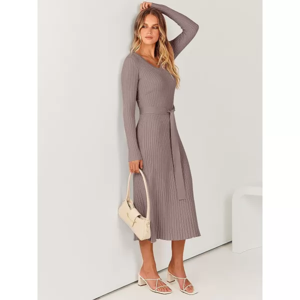 imageANRABESS Womens Sweater Dress 2023 Fall Long Sleeve V Neck Tie Waist Slim Fit Elegant Ribbed Knit Bodycon Midi DressPink Almond