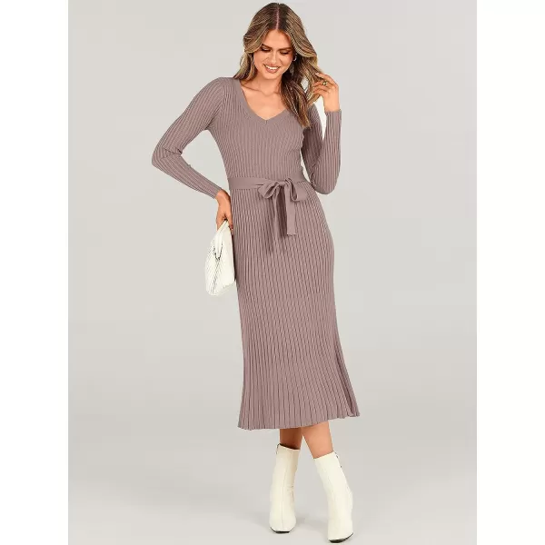 imageANRABESS Womens Sweater Dress 2023 Fall Long Sleeve V Neck Tie Waist Slim Fit Elegant Ribbed Knit Bodycon Midi DressPink Almond