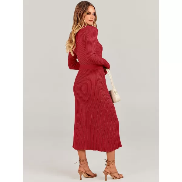 imageANRABESS Womens Sweater Dress 2023 Fall Long Sleeve V Neck Tie Waist Slim Fit Elegant Ribbed Knit Bodycon Midi DressRed