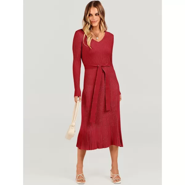 imageANRABESS Womens Sweater Dress 2023 Fall Long Sleeve V Neck Tie Waist Slim Fit Elegant Ribbed Knit Bodycon Midi DressRed