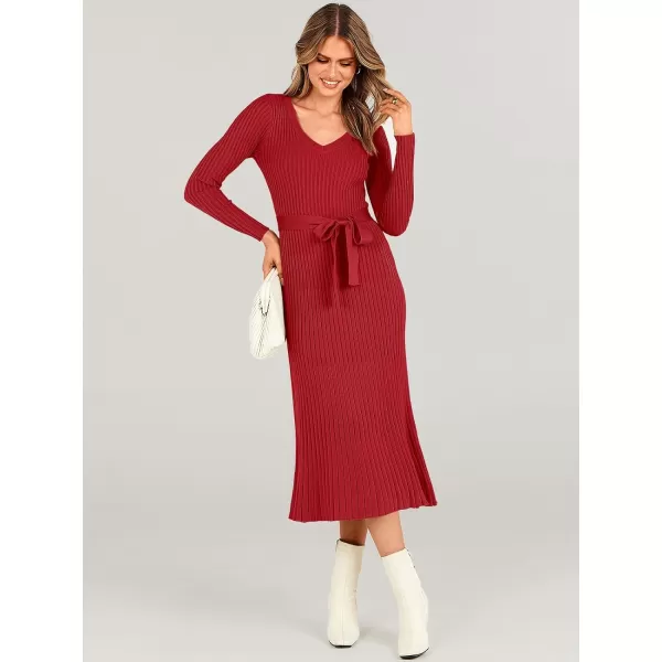 imageANRABESS Womens Sweater Dress 2023 Fall Long Sleeve V Neck Tie Waist Slim Fit Elegant Ribbed Knit Bodycon Midi DressRed