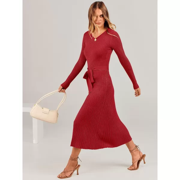 imageANRABESS Womens Sweater Dress 2023 Fall Long Sleeve V Neck Tie Waist Slim Fit Elegant Ribbed Knit Bodycon Midi DressRed