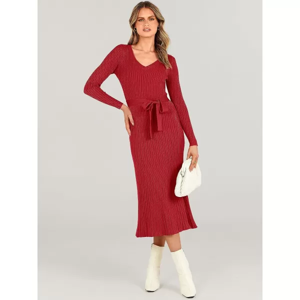 imageANRABESS Womens Sweater Dress 2023 Fall Long Sleeve V Neck Tie Waist Slim Fit Elegant Ribbed Knit Bodycon Midi DressRed