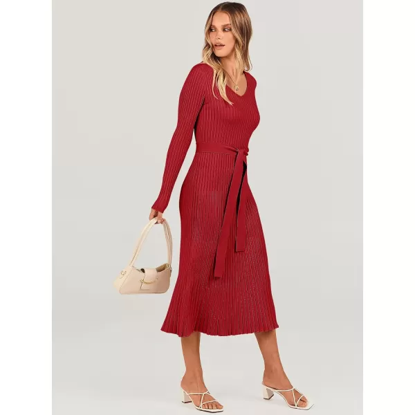 imageANRABESS Womens Sweater Dress 2023 Fall Long Sleeve V Neck Tie Waist Slim Fit Elegant Ribbed Knit Bodycon Midi DressRed