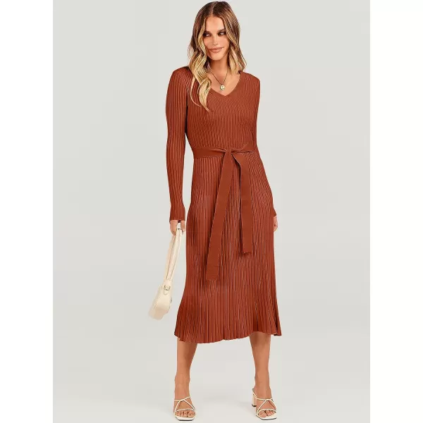 imageANRABESS Womens Sweater Dress 2023 Fall Long Sleeve V Neck Tie Waist Slim Fit Elegant Ribbed Knit Bodycon Midi DressRust