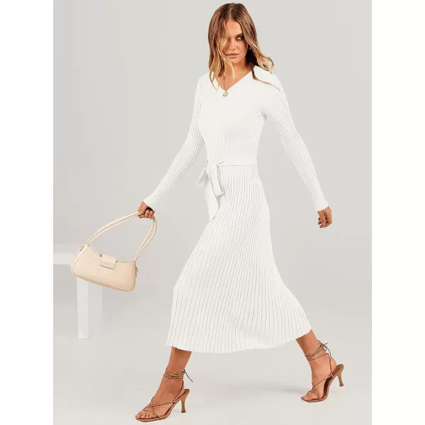 imageANRABESS Womens Sweater Dress 2023 Fall Long Sleeve V Neck Tie Waist Slim Fit Elegant Ribbed Knit Bodycon Midi DressWhite