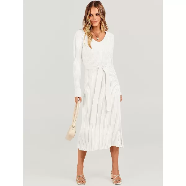 imageANRABESS Womens Sweater Dress 2023 Fall Long Sleeve V Neck Tie Waist Slim Fit Elegant Ribbed Knit Bodycon Midi DressWhite