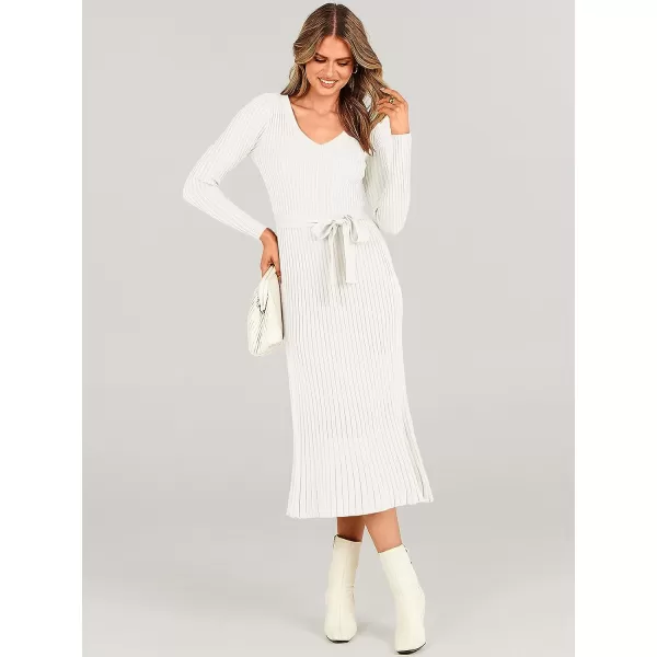 imageANRABESS Womens Sweater Dress 2023 Fall Long Sleeve V Neck Tie Waist Slim Fit Elegant Ribbed Knit Bodycon Midi DressWhite