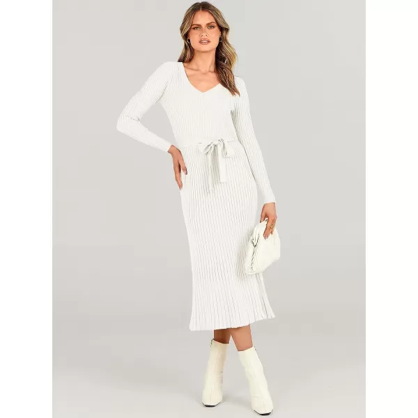 imageANRABESS Womens Sweater Dress 2023 Fall Long Sleeve V Neck Tie Waist Slim Fit Elegant Ribbed Knit Bodycon Midi DressWhite