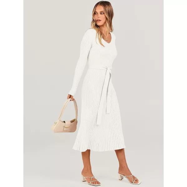 imageANRABESS Womens Sweater Dress 2023 Fall Long Sleeve V Neck Tie Waist Slim Fit Elegant Ribbed Knit Bodycon Midi DressWhite
