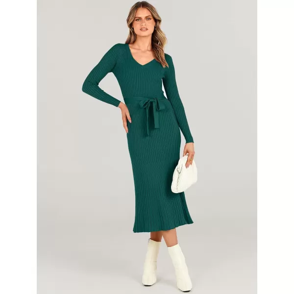 imageANRABESS Womens Sweater Dress 2023 Long Sleeve V Neck Tie Waist Slim Fit Elegant Ribbed Knit Bodycon Midi DressDeep Green