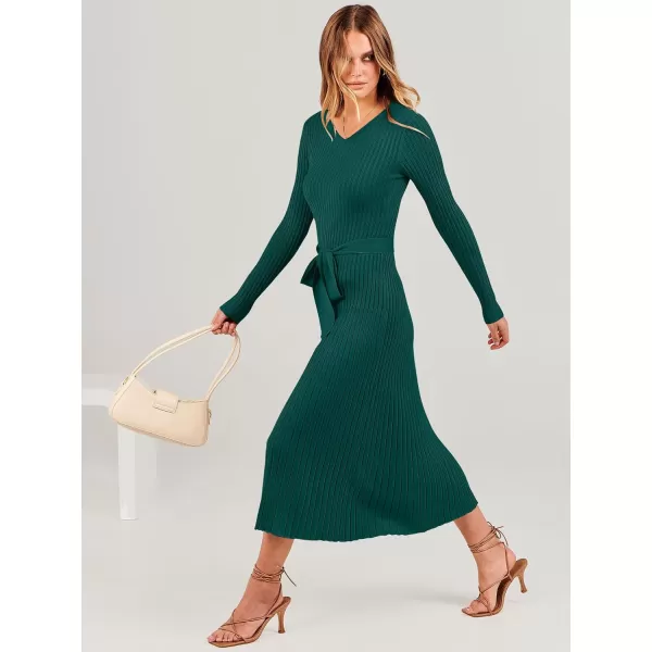 imageANRABESS Womens Sweater Dress 2023 Long Sleeve V Neck Tie Waist Slim Fit Elegant Ribbed Knit Bodycon Midi DressDeep Green