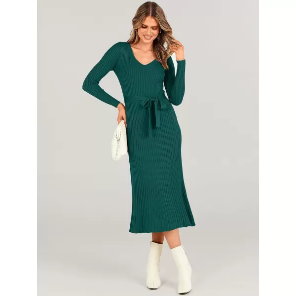 imageANRABESS Womens Sweater Dress 2023 Long Sleeve V Neck Tie Waist Slim Fit Elegant Ribbed Knit Bodycon Midi DressDeep Green