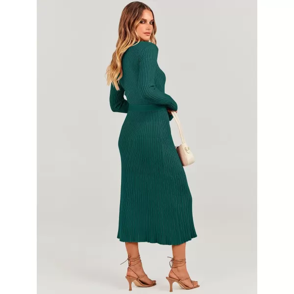 imageANRABESS Womens Sweater Dress 2023 Long Sleeve V Neck Tie Waist Slim Fit Elegant Ribbed Knit Bodycon Midi DressDeep Green