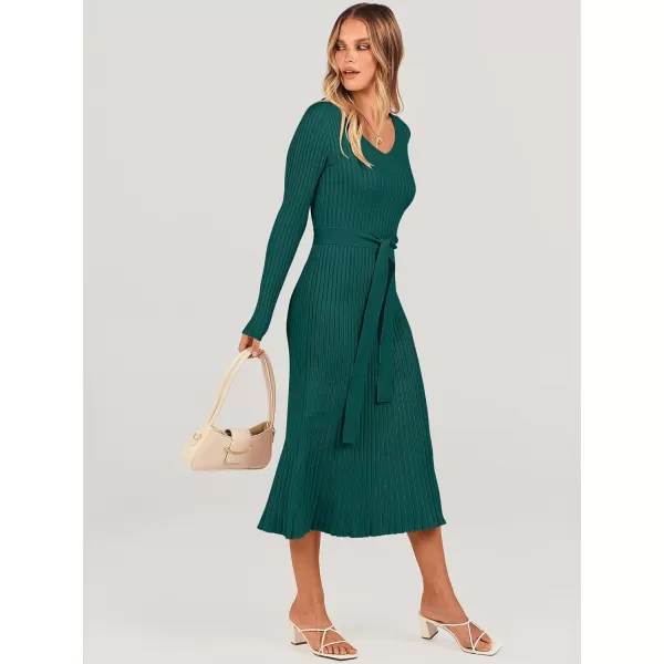 imageANRABESS Womens Sweater Dress 2023 Long Sleeve V Neck Tie Waist Slim Fit Elegant Ribbed Knit Bodycon Midi DressDeep Green