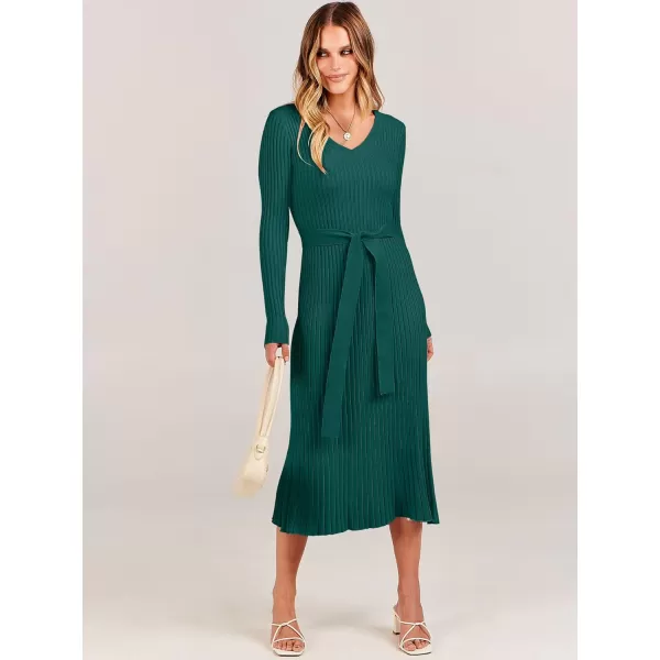 imageANRABESS Womens Sweater Dress 2023 Long Sleeve V Neck Tie Waist Slim Fit Elegant Ribbed Knit Bodycon Midi DressDeep Green