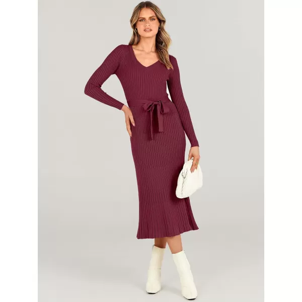 imageANRABESS Womens Sweater Dress 2023 Long Sleeve V Neck Tie Waist Slim Fit Elegant Ribbed Knit Bodycon Midi DressWine Red