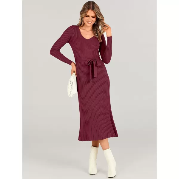 imageANRABESS Womens Sweater Dress 2023 Long Sleeve V Neck Tie Waist Slim Fit Elegant Ribbed Knit Bodycon Midi DressWine Red