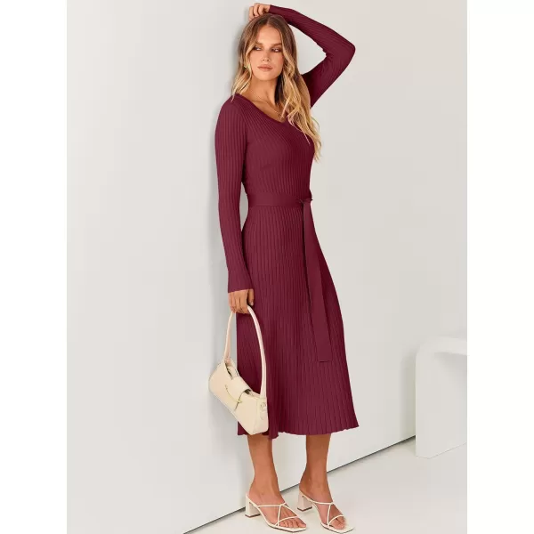 imageANRABESS Womens Sweater Dress 2023 Long Sleeve V Neck Tie Waist Slim Fit Elegant Ribbed Knit Bodycon Midi DressWine Red