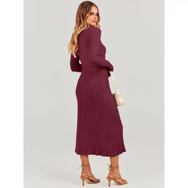 imageANRABESS Womens Sweater Dress 2023 Long Sleeve V Neck Tie Waist Slim Fit Elegant Ribbed Knit Bodycon Midi DressWine Red