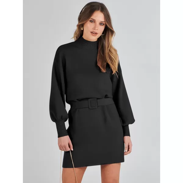 imageANRABESS Womens Sweater Dress 2023 Winter Casual Long Sleeve Mock Neck Tie Waist Elegant Knit Mini DressesBlack