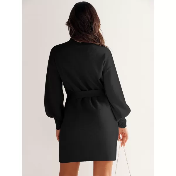 imageANRABESS Womens Sweater Dress 2023 Winter Casual Long Sleeve Mock Neck Tie Waist Elegant Knit Mini DressesBlack