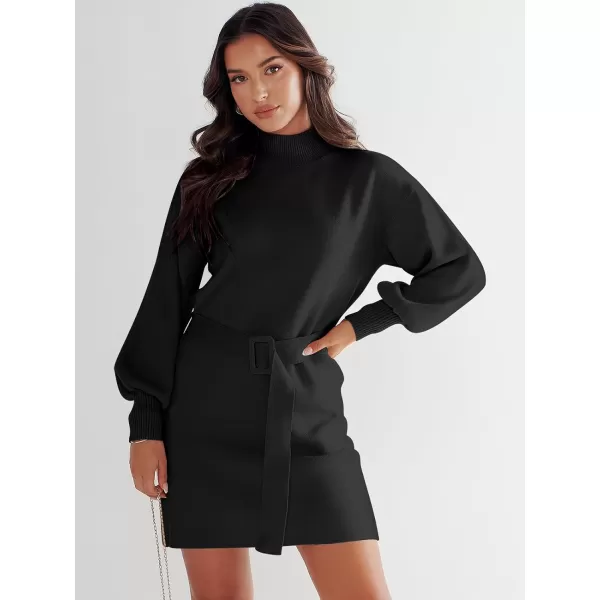 imageANRABESS Womens Sweater Dress 2023 Winter Casual Long Sleeve Mock Neck Tie Waist Elegant Knit Mini DressesBlack