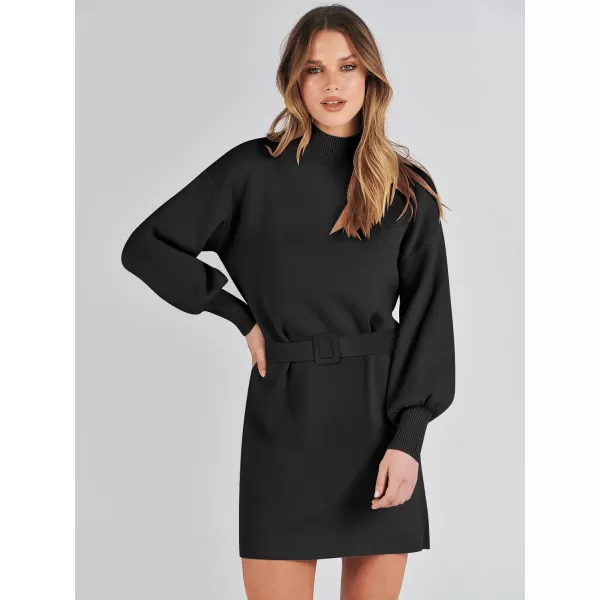 imageANRABESS Womens Sweater Dress 2023 Winter Casual Long Sleeve Mock Neck Tie Waist Elegant Knit Mini DressesBlack