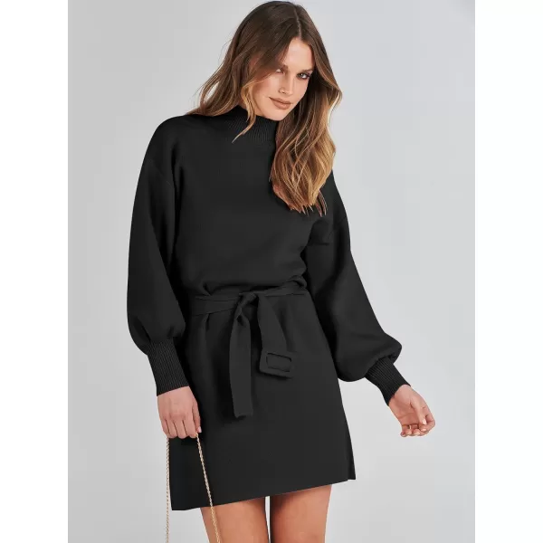 imageANRABESS Womens Sweater Dress 2023 Winter Casual Long Sleeve Mock Neck Tie Waist Elegant Knit Mini DressesBlack