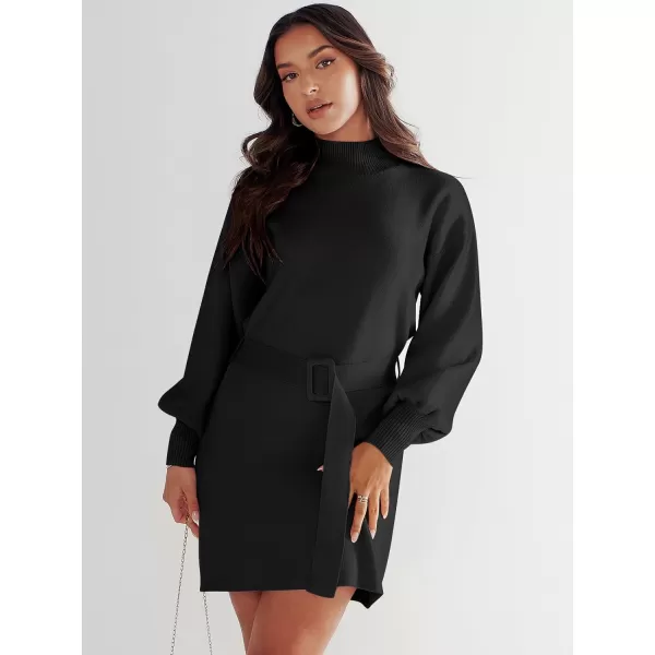imageANRABESS Womens Sweater Dress 2023 Winter Casual Long Sleeve Mock Neck Tie Waist Elegant Knit Mini DressesBlack