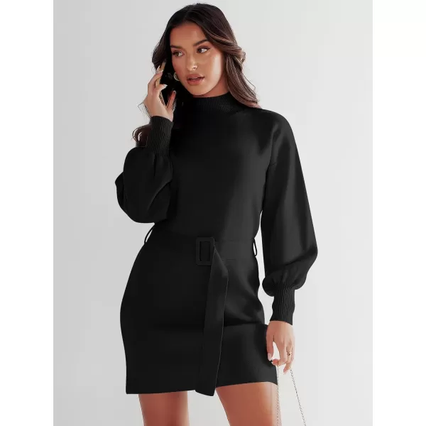 imageANRABESS Womens Sweater Dress 2023 Winter Casual Long Sleeve Mock Neck Tie Waist Elegant Knit Mini DressesBlack
