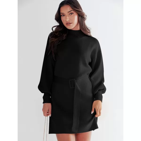 imageANRABESS Womens Sweater Dress 2023 Winter Casual Long Sleeve Mock Neck Tie Waist Elegant Knit Mini DressesBlack