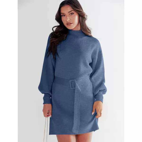 imageANRABESS Womens Sweater Dress 2023 Winter Casual Long Sleeve Mock Neck Tie Waist Elegant Knit Mini DressesBlue