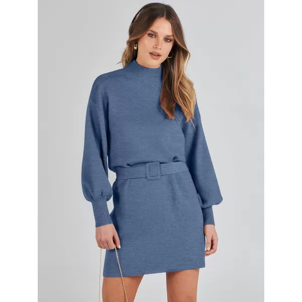 imageANRABESS Womens Sweater Dress 2023 Winter Casual Long Sleeve Mock Neck Tie Waist Elegant Knit Mini DressesBlue