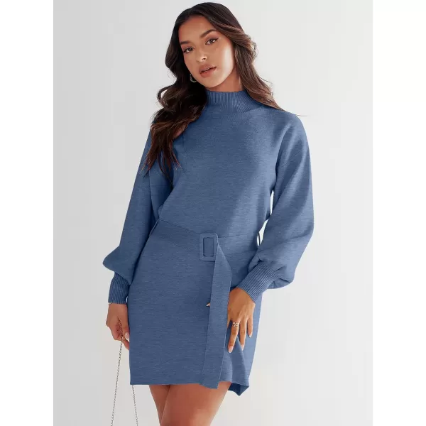 imageANRABESS Womens Sweater Dress 2023 Winter Casual Long Sleeve Mock Neck Tie Waist Elegant Knit Mini DressesBlue