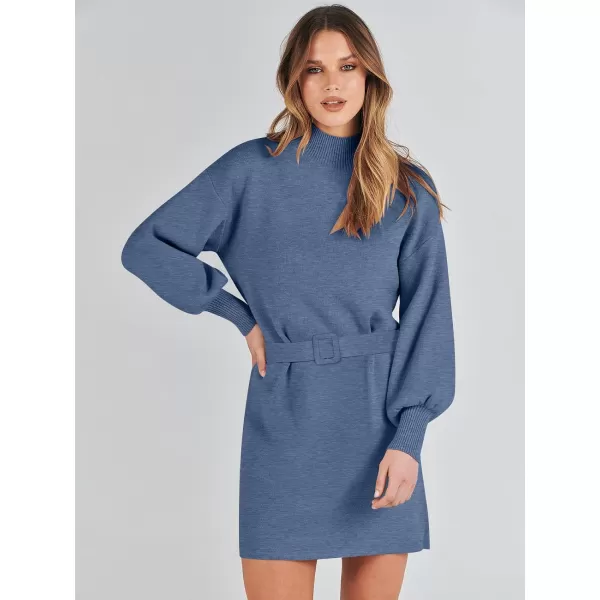imageANRABESS Womens Sweater Dress 2023 Winter Casual Long Sleeve Mock Neck Tie Waist Elegant Knit Mini DressesBlue