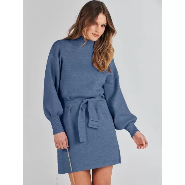 imageANRABESS Womens Sweater Dress 2023 Winter Casual Long Sleeve Mock Neck Tie Waist Elegant Knit Mini DressesBlue