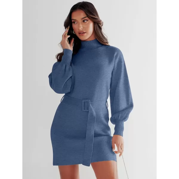 imageANRABESS Womens Sweater Dress 2023 Winter Casual Long Sleeve Mock Neck Tie Waist Elegant Knit Mini DressesBlue
