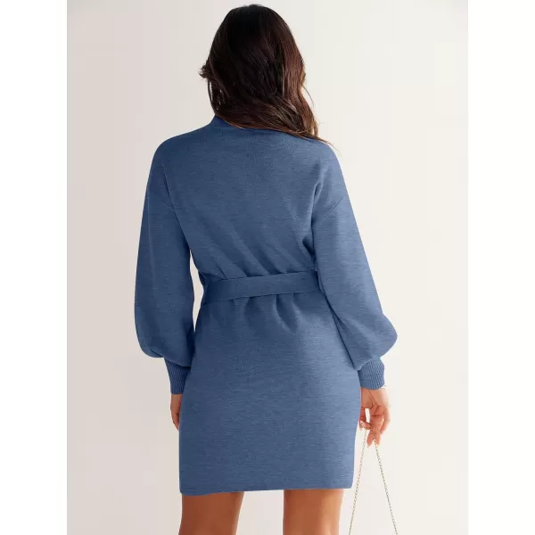 imageANRABESS Womens Sweater Dress 2023 Winter Casual Long Sleeve Mock Neck Tie Waist Elegant Knit Mini DressesBlue