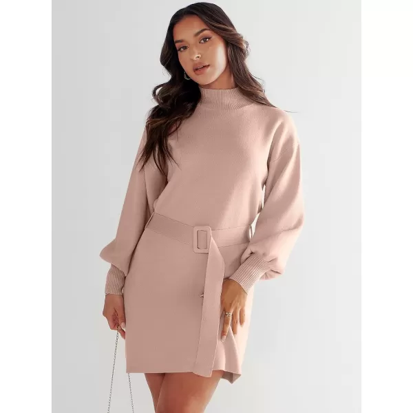 imageANRABESS Womens Sweater Dress 2023 Winter Casual Long Sleeve Mock Neck Tie Waist Elegant Knit Mini DressesDeep Apricot